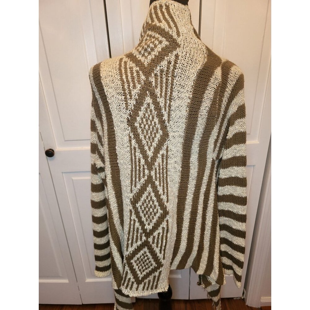 Olive/Ivory Stripe Sweater Cashmere/Cotton Blend Fringe S/M Boho Neutral n - Picture 2 of 8